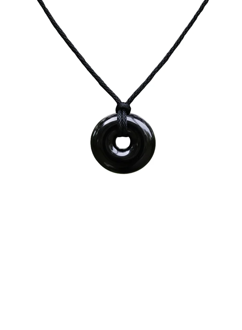 British Fossils Donut Pendant 6Mm Obsidian Necklace