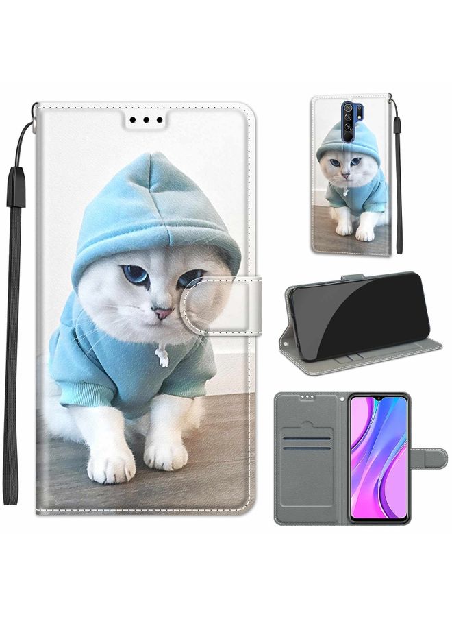 HuHa Case Cover For Xiaomi Redmi 9 Voltage Coloured Drawing Magnetic Clasp Horizontal Flip PU Leather Case with Holder & Card Slots C15 Blue Sweater White Cat