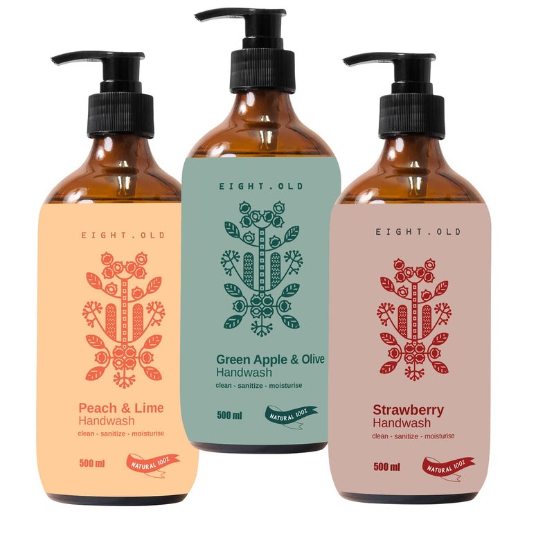 Everyday Essentials صابون يد سائل طبيعي لتنظيف عميق وترطيب - مجموعة 3 عبوات من صابون اليد بنكهة الفراولة والخوخ والتفاح الأخضر - آمن للأطفال وصديق للبيئة ومصنوع من النباتات - Image 1