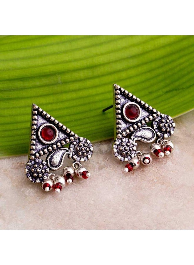 Voylla Oxidised Silver Brass Triangle Stud Statement Earrings with Pink Stone for Women and Girls - Image 2