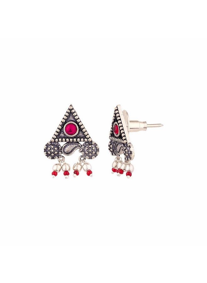Voylla Oxidised Silver Brass Triangle Stud Statement Earrings with Pink Stone for Women and Girls - Image 4