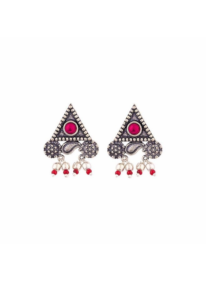 Voylla Oxidised Silver Brass Triangle Stud Statement Earrings with Pink Stone for Women and Girls - Image 1