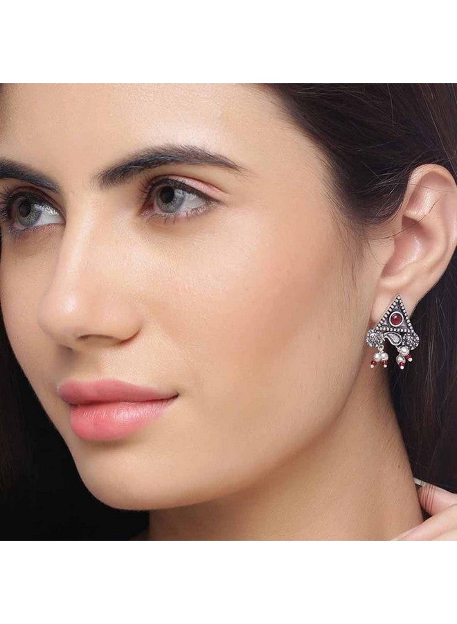 Voylla Oxidised Silver Brass Triangle Stud Statement Earrings with Pink Stone for Women and Girls - Image 3
