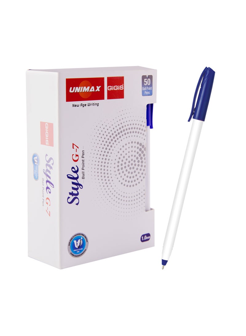 Gigis Unimax Style G-7 Ballpen 50-Pieces Box, 1.00 mm, Blue, Smooth Writing Ballpoint Pen for School Office Home - Image 1
