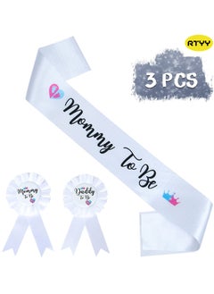 RTYY Baby Shower Mommy to Be Sash Baby Gender Reveal Sash White Baby Shower Tinplate Badge Pin Mommy Sash And Daddy to Be Badge for Gender Reveal and Baby Showers Decorations  - Image 1