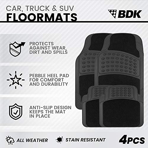 BDK HybridMat Automotive Rubber & Carpet Floor Mats, Front & Rear Seat Mat Set of Interior Liners for Car Sedan SUV Van, Heavy Duty All Weather, Semi-Trim to Fit, Black - Image 2