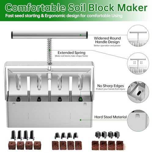 NVRGIUP Soil Blocker, 4 Cell Soil Block Maker 2 Inch with 3 Sizes Seed Pins, Seed Handheld Block Maker with Comfortable Handle, Garden Blocking Tools for Seedings, Cuttings, Greenhouses - Image 3