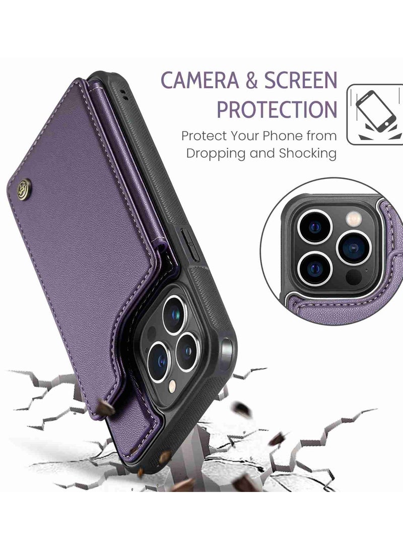 CaseMe Wallet Case for iPhone 13 Pro Max, Premium Handmade Durable PU Leather Slim Shockproof Case with [Double Magnetic Clasp] [Card Holder] [Kickstand] [RFID Blocking] (Purple) - Image 5