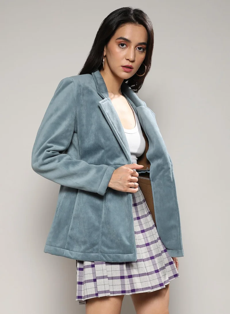Campus Sutra Women's Prussian Blue Structured Single-Breasted Blazer For Casual Wear | Lapel Collar  | Long Sleeve | Button Closure | Velvet Blazer Crafted With Comfort Fit For Everyday Wear