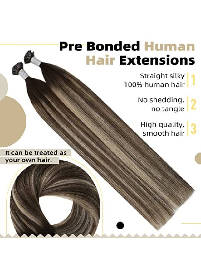 Flat Tip Hair Extensions Human Hair 4/18/4 Balayage Brown To Ash Blonde Keratin Tip Hair Extensions Human Hair 16 Inch Fusion Hair Extensions Pre Bonded Hair Extensions Human Hair