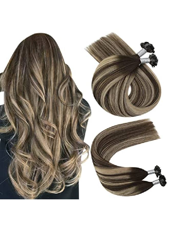 Flat Tip Hair Extensions Human Hair 4/18/4 Balayage Brown To Ash Blonde Keratin Tip Hair Extensions Human Hair 16 Inch Fusion Hair Extensions Pre Bonded Hair Extensions Human Hair