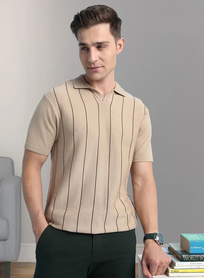 دينيس لينغو تيشيرت رجالي بيج قطن 1% مقلم بقصة عادية