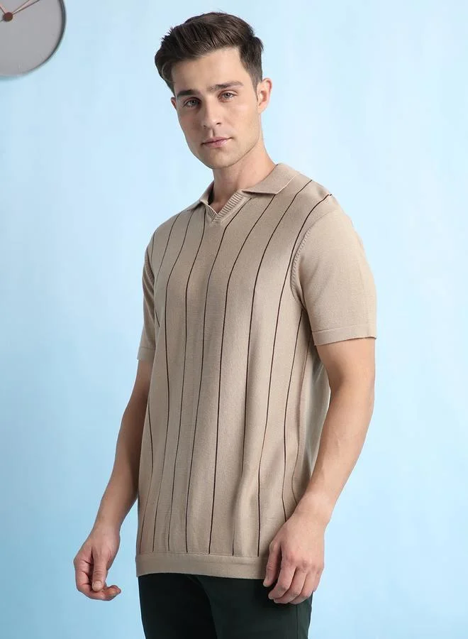 Men's Beige 100% Cotton Striped Regular Fit T-Shirt