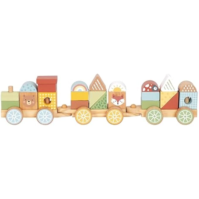 WOODEN STACKING TRAIN WITH 22 CUTE PRINTED STACKING BLOCKS AND SHAPES. GIFT FOR BABY & TODDLER 18M+. WOODEN TRAIN TOY FOR BOYS, GIRLS, TODDLERS. MONTESSORI STACKING TOY - Image 1