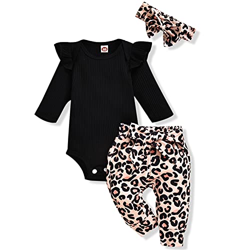 Aalizzwell Newborn Infant Baby Girls Clothes Ribbed Bodysuit Romper Leopard Pants Set Fall Winter Spring Outfits (Cheetah, Preemie) - Image 1