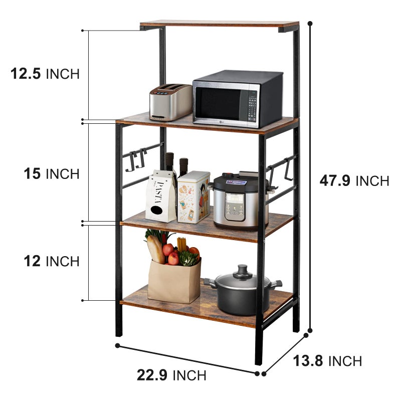 Sasoiky Bakers Rack for Kitchen,4-Tier Kitchen Storage Shelf Rack,Microwave Cart Coffee Bar Microwave Stand Rack with 4 Hooks,Bakers Racks for Kitchens with Storage(Rustic Brown) - Image 4