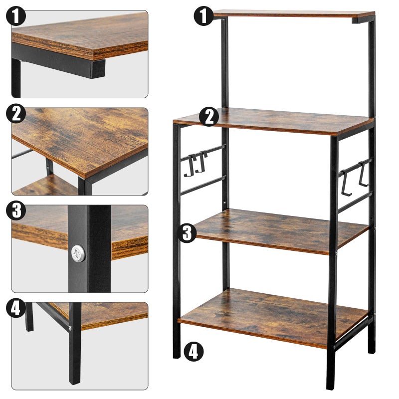 Sasoiky Bakers Rack for Kitchen,4-Tier Kitchen Storage Shelf Rack,Microwave Cart Coffee Bar Microwave Stand Rack with 4 Hooks,Bakers Racks for Kitchens with Storage(Rustic Brown) - Image 5