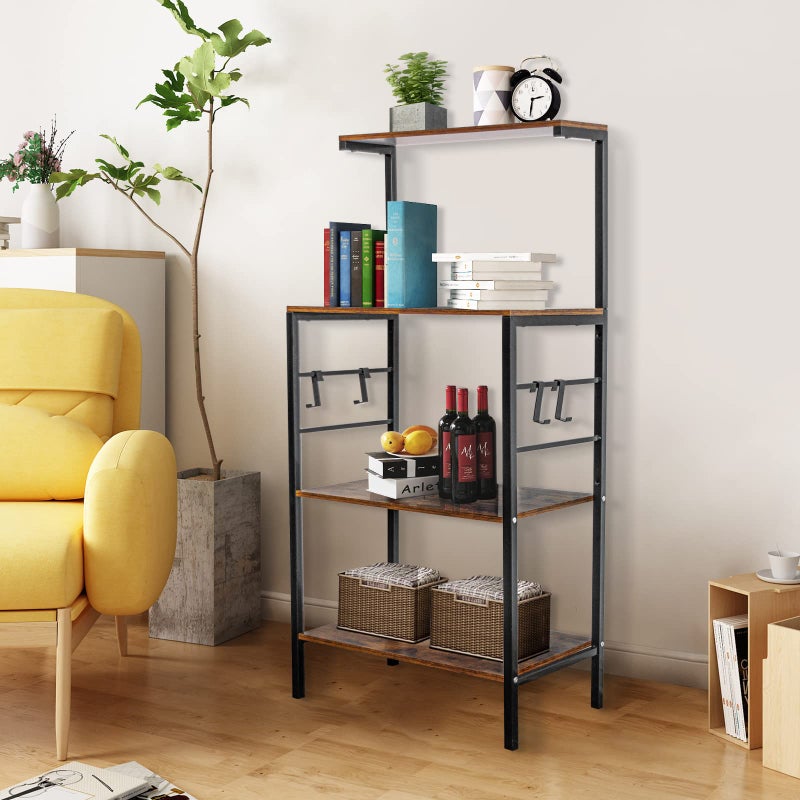 Sasoiky Bakers Rack for Kitchen,4-Tier Kitchen Storage Shelf Rack,Microwave Cart Coffee Bar Microwave Stand Rack with 4 Hooks,Bakers Racks for Kitchens with Storage(Rustic Brown) - Image 3