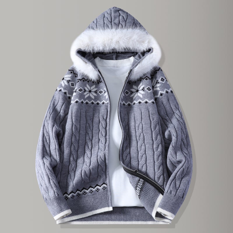 Cardigan Grey Men's Hooded Sweater with Fur Collar Knit Top for the Year of Birth Warm Casual Versatile Loose Trendy Jacket