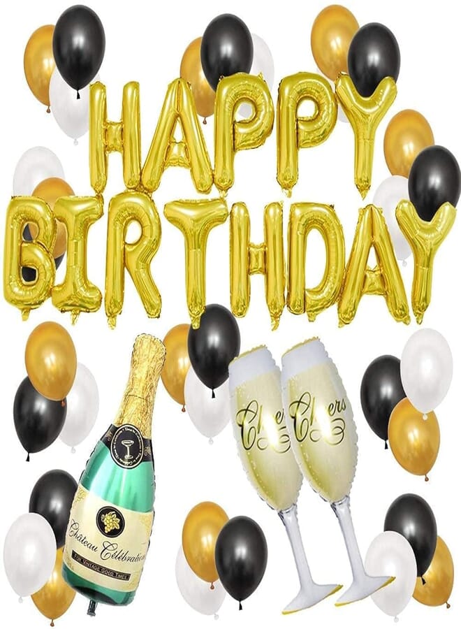 Secret Gold Birthday and Champagne Balloon Set, Funny Birthday Party Decorations Happy Birthday Banner Bottle Champagne Foil Balloons