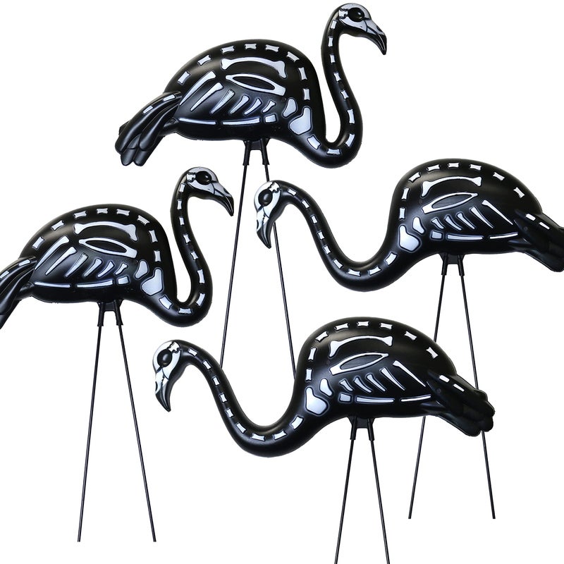 GiftExpress 4 PCS Halloween Black Flamingo Skeleton Zombie Flamingos Skull Flamingo with Stakes for Halloween Lawn Ornaments Spooky Graveyard Decorations 4