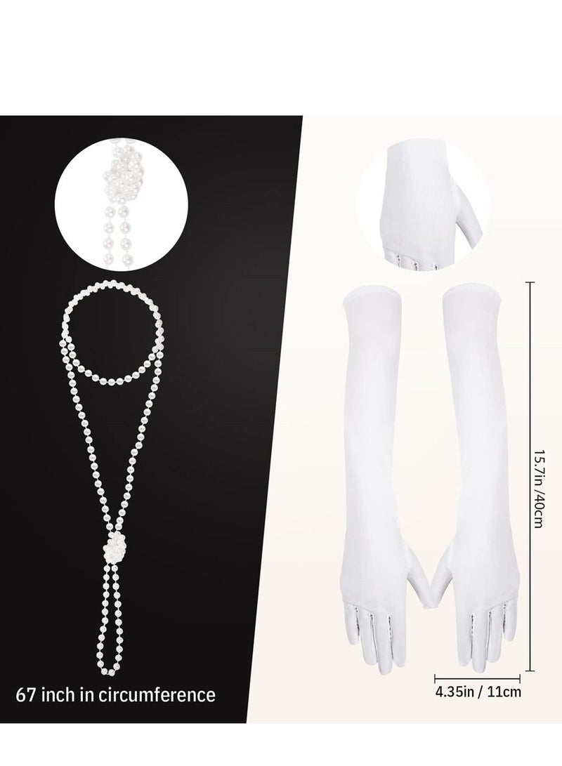 SYOSI 1920s Flapper Costume Accessories Set, Gatsby Costume Accessories Set for Women 20s Headpiece Earrings Gloves Holder Pearl Necklace and Feather Fan  - Image 3