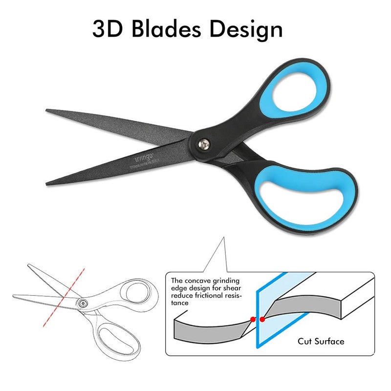 LIVINGO 2 Pack 8" Titanium Non-Stick Scissors, Professional Stainless Steel Comfort Grip, All-Purpose, Straight Office Craft Scissors for DIY(Blue/Black) - Image 5