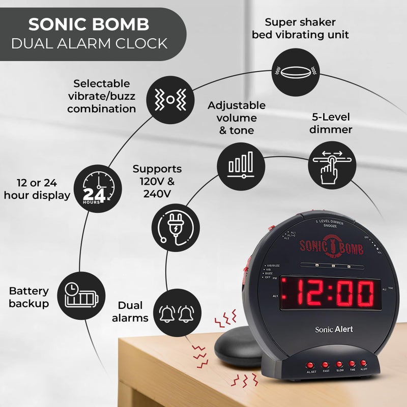 Sonic Alert Sonic Bomb Dual Extra Loud Alarm Clock with Bed Shaker, Black | Sonic Alert Vibrating, Heavy Sleepers, Battery Backup | Wake with a Shake - Image 4