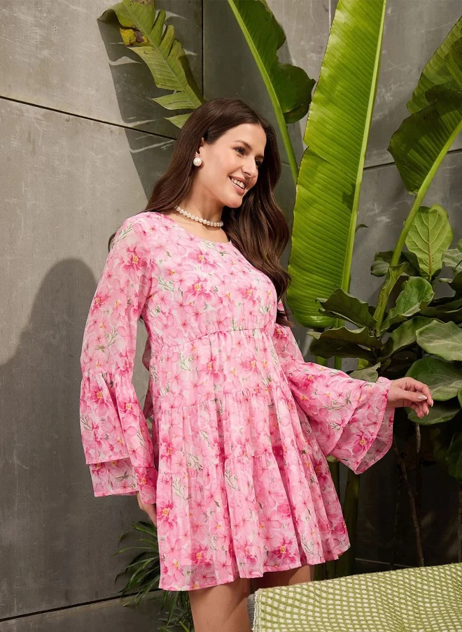 SASSAFRAS Floral Print Bell Sleeve Georgette Dress for Women