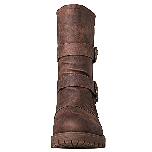 GLOBALWIN Lace up Mid Calf Motorcycle Fashion Festival Boots Combat Riding Military Boots for Women Brown Size 9 - Image 4