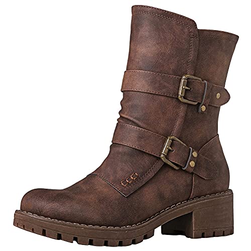 GLOBALWIN Lace up Mid Calf Motorcycle Fashion Festival Boots Combat Riding Military Boots for Women Brown Size 9 - Image 1