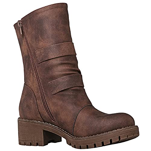 GLOBALWIN Lace up Mid Calf Motorcycle Fashion Festival Boots Combat Riding Military Boots for Women Brown Size 9 - Image 3