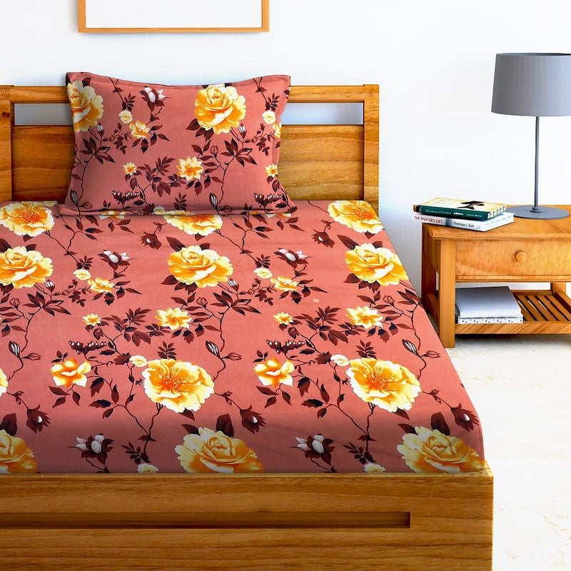 AEROHAVEN180TC Glace Cotton Floral Flat Single Bedsheet with 1 King Size Pillow Cover - GCB08 - Rust Brown - Image 5