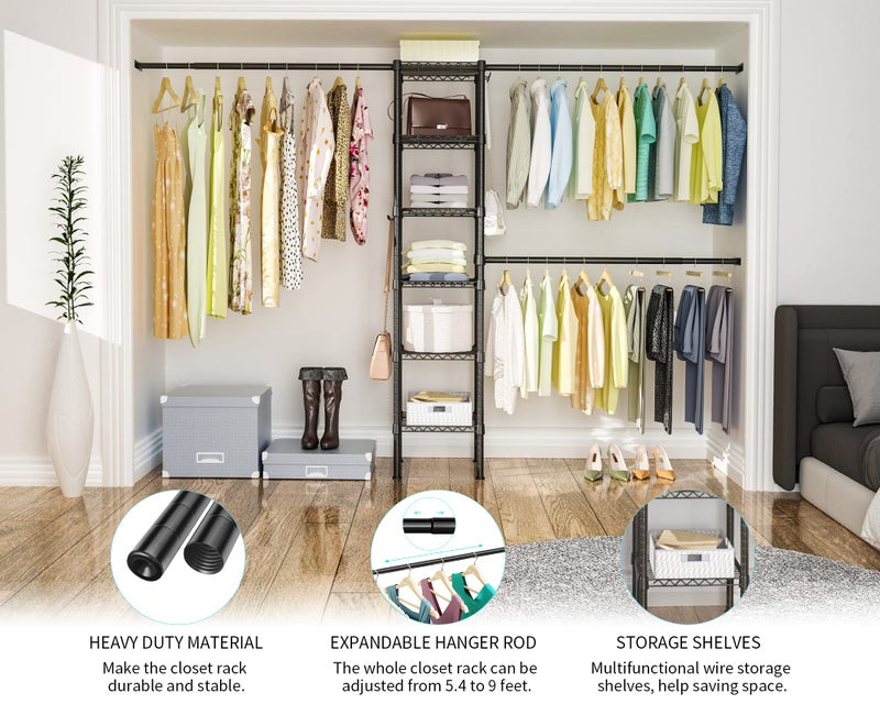 Ulif M1 Closet Storage Organizer System, 6 Tiers Heavy Duty Metal Garment Rack with 3 Expandable Hanger Rods, Wall Mounted Space Saver Suits from 5.4-8.7 ft. Width, 71.2â€H x 14â€D, 700LBS, Black - Image 2