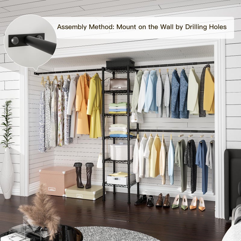 Ulif M1 Closet Storage Organizer System, 6 Tiers Heavy Duty Metal Garment Rack with 3 Expandable Hanger Rods, Wall Mounted Space Saver Suits from 5.4-8.7 ft. Width, 71.2â€H x 14â€D, 700LBS, Black - Image 3
