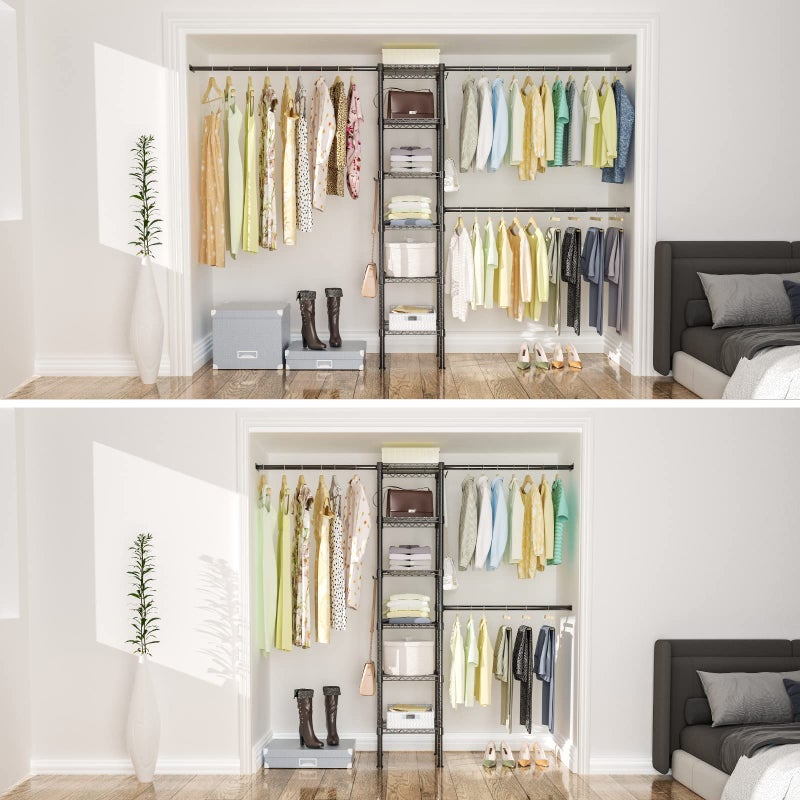 Ulif M1 Closet Storage Organizer System, 6 Tiers Heavy Duty Metal Garment Rack with 3 Expandable Hanger Rods, Wall Mounted Space Saver Suits from 5.4-8.7 ft. Width, 71.2â€H x 14â€D, 700LBS, Black - Image 4