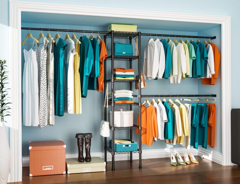 Ulif M1 Closet Storage Organizer System, 6 Tiers Heavy Duty Metal Garment Rack with 3 Expandable Hanger Rods, Wall Mounted Space Saver Suits from 5.4-8.7 ft. Width, 71.2â€H x 14â€D, 700LBS, Black - Image 1