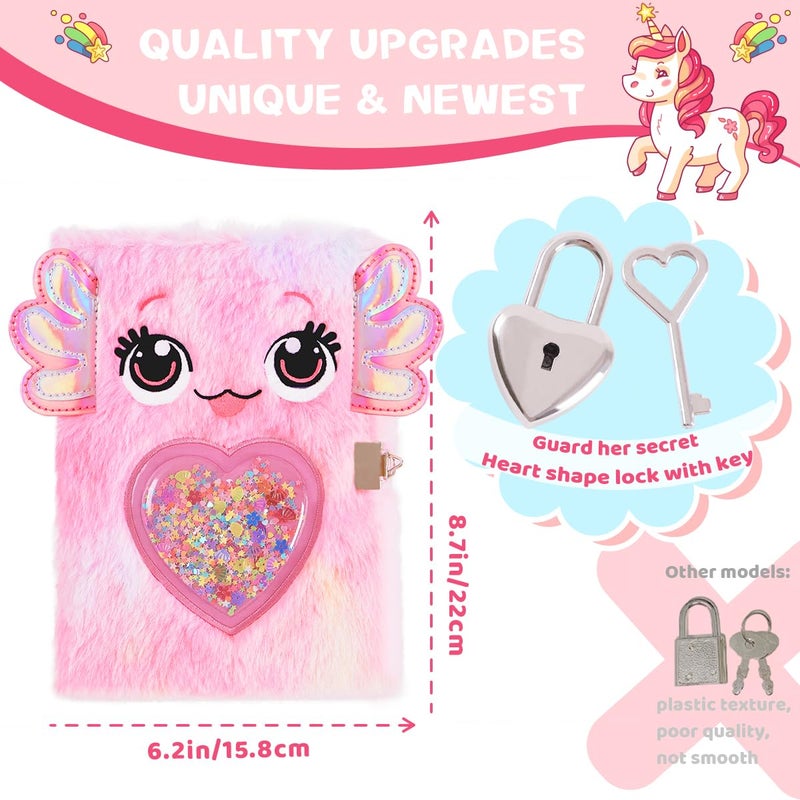 PrinBarBee Axolotl Diary for Girls with lock and keys, Kids Journal School Travel Notebook Gift Set for Writing and Drawing,Multicolored Pen, Stickers, Birthday Gift for Girls ages 6-8 - Image 3