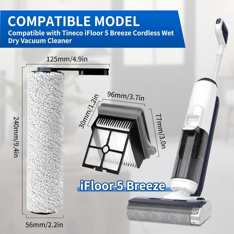 keluke فرشاة دوارة ومرشحات بديلة متوافقة مع مكنسة كهربائية لاسلكية Tineco iFLOOR 5 Breeze، تشمل الأجزاء البديلة 2 فرشاة دوارة، 4 مرشحات مكنسة - Image 2
