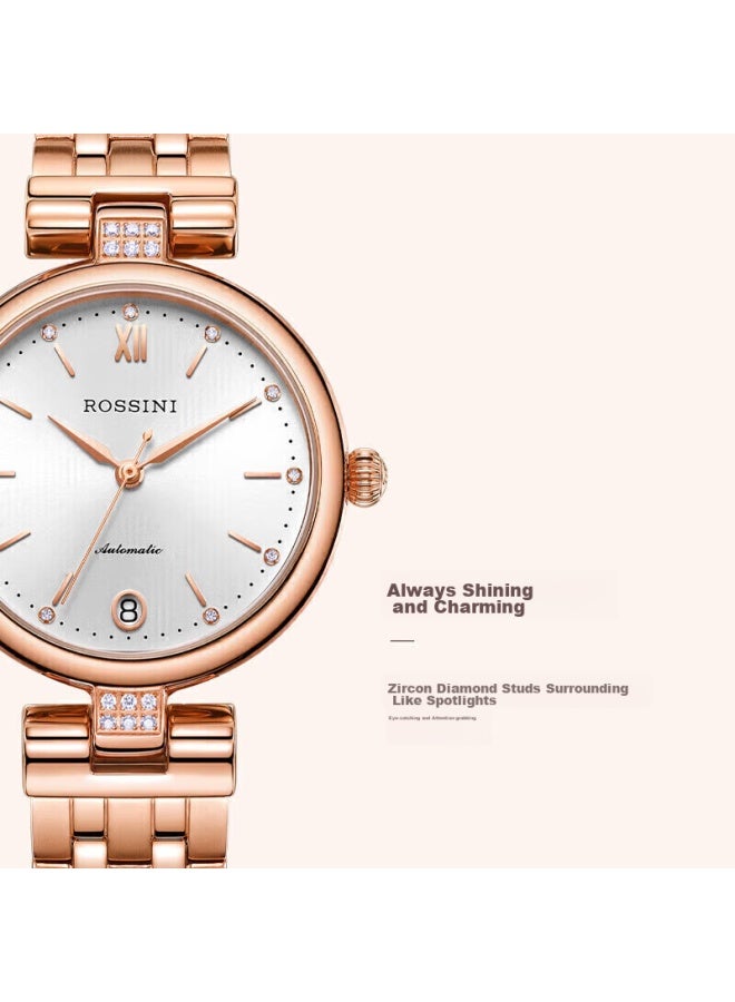 Rossini Women'S Watch, Ladies' Watch, Birthday Gift, Elegant Calendar Mechanical Watch, White Dial, Steel Strap, 718752 - Image 4