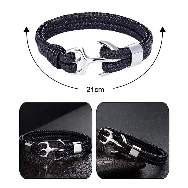 Bukela Unisex Handmade Bracelet, Multilayer Vintage Anchor Cuff Bracelet Cuff Wrap Rope Wristband Friendship Bracelet for Men & Women Jewelry (Black+Silver) - Image 2