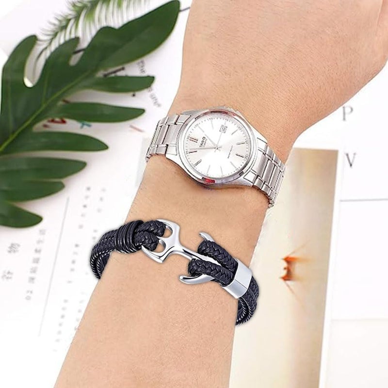 Bukela Unisex Handmade Bracelet, Multilayer Vintage Anchor Cuff Bracelet Cuff Wrap Rope Wristband Friendship Bracelet for Men & Women Jewelry (Black+Silver) - Image 5