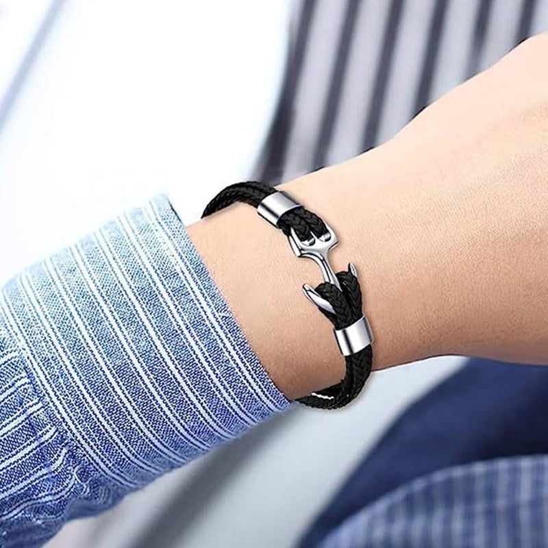Bukela Unisex Handmade Bracelet, Multilayer Vintage Anchor Cuff Bracelet Cuff Wrap Rope Wristband Friendship Bracelet for Men & Women Jewelry (Black+Silver) - Image 4
