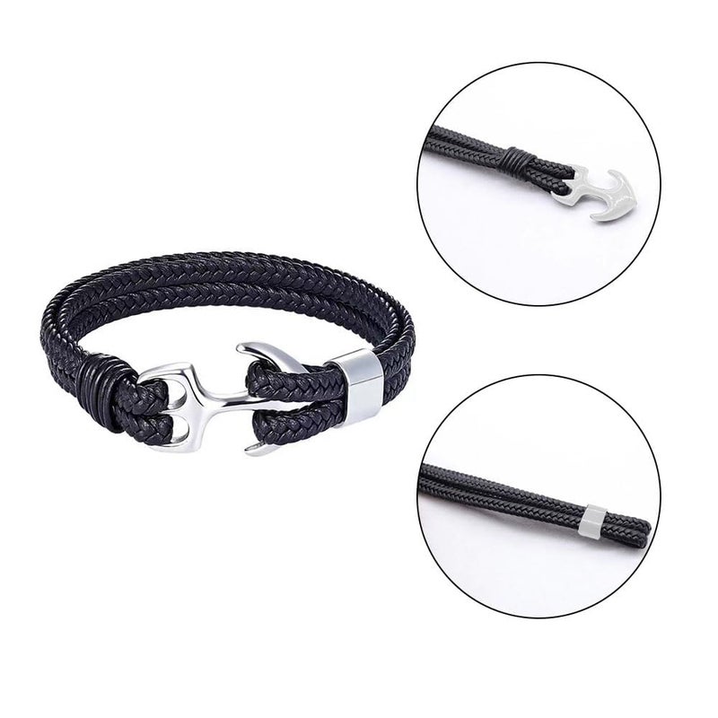 Bukela Unisex Handmade Bracelet, Multilayer Vintage Anchor Cuff Bracelet Cuff Wrap Rope Wristband Friendship Bracelet for Men & Women Jewelry (Black+Silver) - Image 3