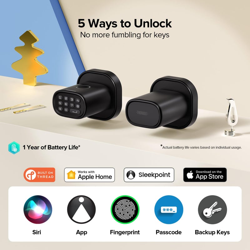 ThorBolt Fingerprint Door Lock with Keypad Door Knob, HomeKit Lock Over ð—§ð—›ð—¥ð—˜ð—”ð——, HomeKit Hub ð—¥ð—²ð—¾ð˜‚ð—¶ð—¿ð—²ð—±, ð—¶ð—¢ð—¦ ð—¢ð—¡ð—Ÿð—¬ Smart Lock for Interior Door, Bedroom, Office, MK1 Black - Image 2