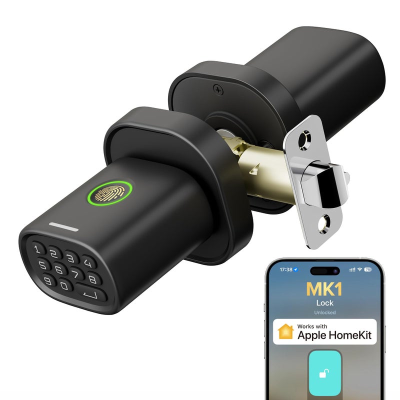 ThorBolt Fingerprint Door Lock with Keypad Door Knob, HomeKit Lock Over ð—§ð—›ð—¥ð—˜ð—”ð——, HomeKit Hub ð—¥ð—²ð—¾ð˜‚ð—¶ð—¿ð—²ð—±, ð—¶ð—¢ð—¦ ð—¢ð—¡ð—Ÿð—¬ Smart Lock for Interior Door, Bedroom, Office, MK1 Black - Image 1