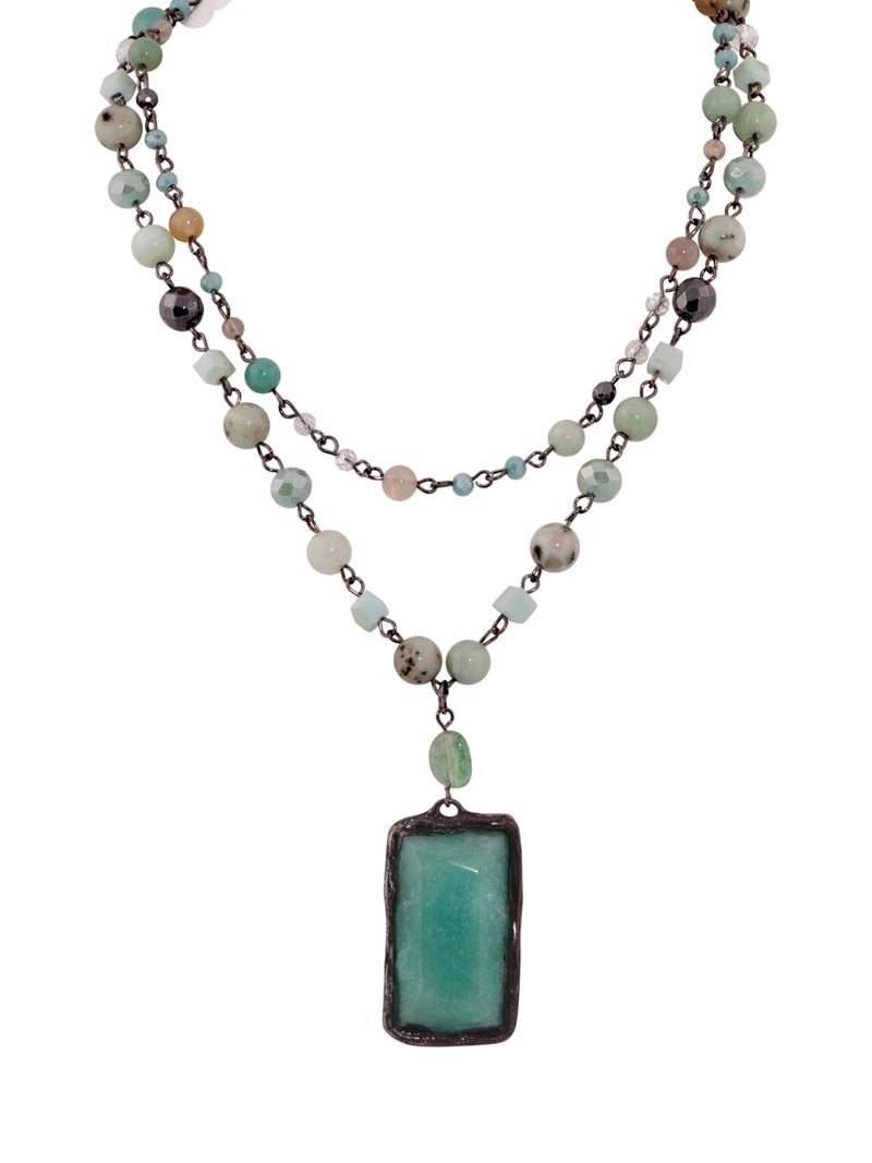 MINACHI Boho Layered Necklace with Green Aventurine-Toned Pendant, Handmade Beaded Chain Jewelry, Vintage Hippie Necklace for Women - Image 1