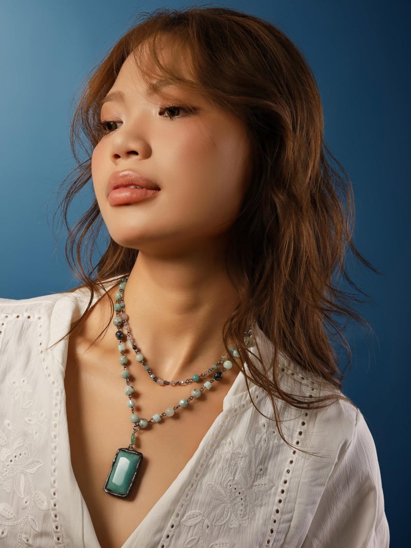 MINACHI Boho Layered Necklace with Green Aventurine-Toned Pendant, Handmade Beaded Chain Jewelry, Vintage Hippie Necklace for Women - Image 5