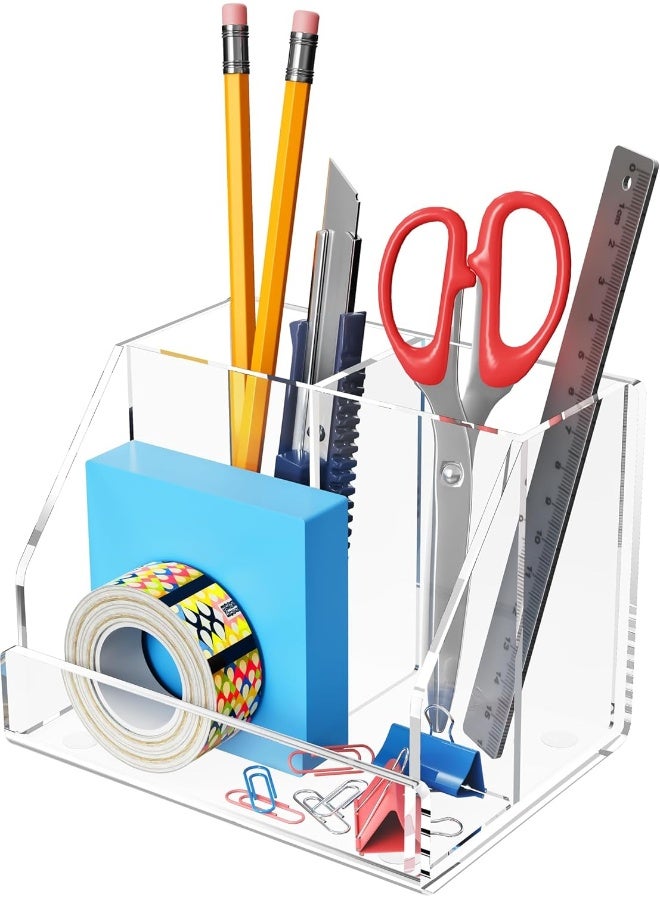 TPGP Pen Holder, Clear Pen And Pencil Holder For Desk, Acrylic Desk Organizer With 3 Compartments For Desk Accessories, Pencil Organizer For Home, Office And School, 5.1" W X 3.9" D X3.9 H - Image 1