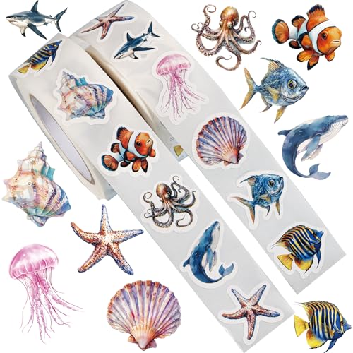 KOPTOP 1000PCS Ocean Animal Stickers Roll, 2 Rolls, 10 Styles Cartoon Sea Creature Stickers, Whales, Octopus, Sharks, Jellyfish, Clownfish, Shells & Fish Decals for Classroom Rewards - Image 1